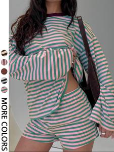 Conjunto de mujer casual de rayas con top de manga larga y shorts, corte holgado, para todas las estaciones, ropa cómoda para viajar y uso diario