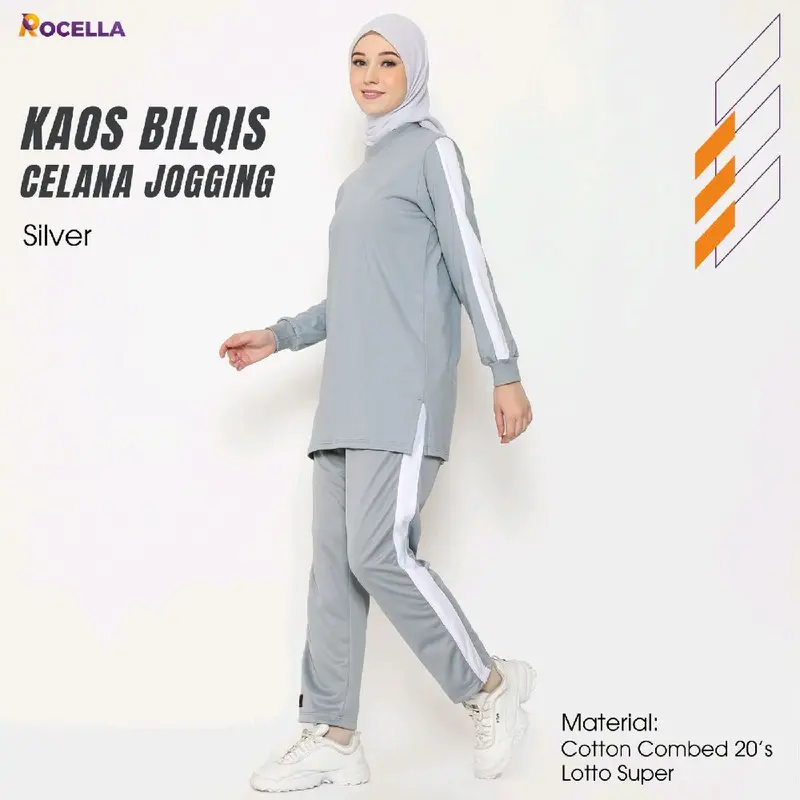 Pakaian Baju Setelan Seragam Kaos Celana Olahraga jogging running trening jumbo wanita perempuan cewe cewek muslim muslimah syar'i sportwear lengan panjang atas bawah bilqis rocella sporty combed 20s murah adem warna hitam abu ijo sage green merah maroon 5