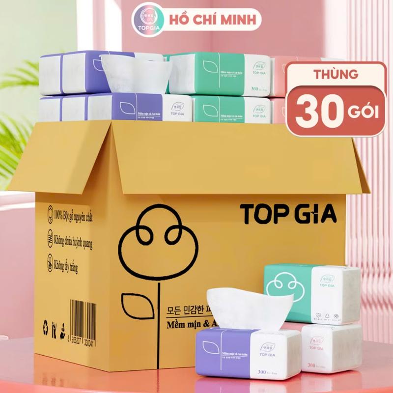 Thùng 30 Gói Giấy Ăn 3 Màu Dập Vân 4 Lớp Mềm Mịn