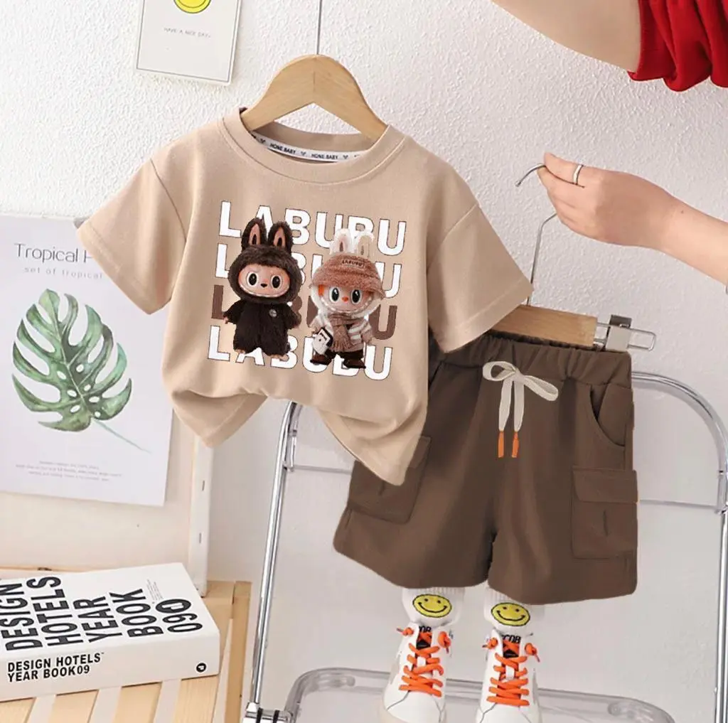 BAJU SETELAN ANAK MOTIF VIRALL  LABUBU SET BAJU DAN CELANA PENDEK ANAK 1- 5 THN