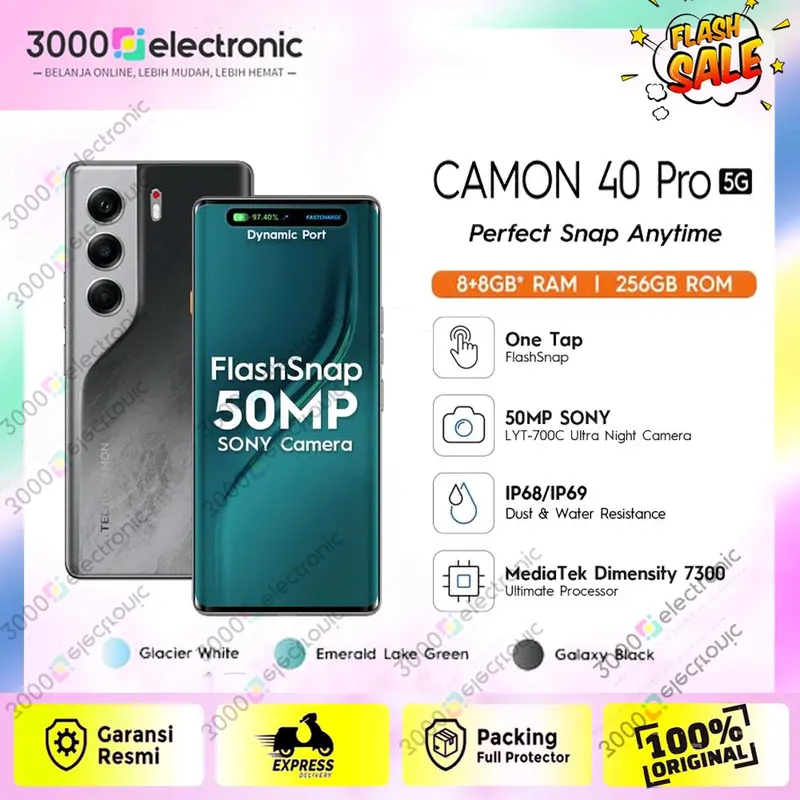 TECNO CAMON 40 Pro 5G - RAM 8+8GB*/256GB, Mediatek D7300 Ultimate, 6.78” FHD+144HZ 3D Curved Amoled, 5200mAh - Garansi Resmi 1