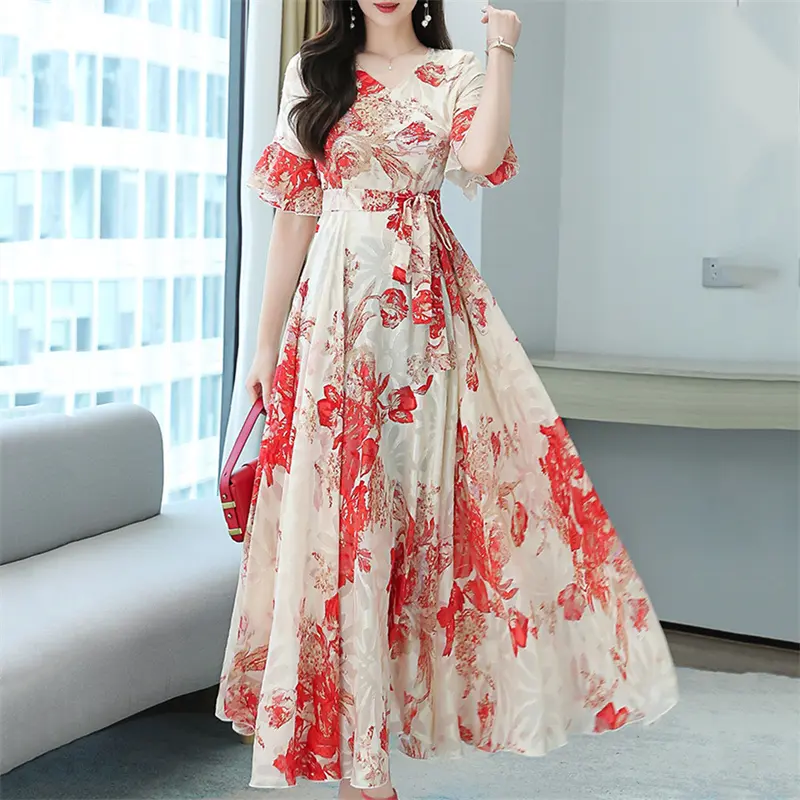 2022 Elegant Women Plus Size Boho Beach Maxi Dress Floral Chiffon Midi Sundress