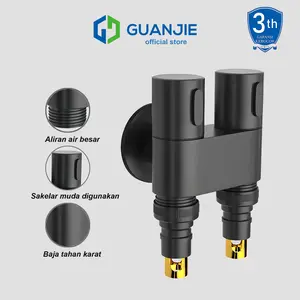 GUANJIE - Kran air cabang Mini double Mn-keran air shower 1/2 inch sambungan mesin cuci wudhu kecil mungil cebol tidak makan tempat hitam abu taman kran tembok stainless
