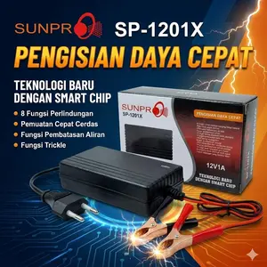 Sunpro Adaptor Charger Aki Pengisi Daya Cepat SP-1201X 12V1A 12Volt 1Ampere 220Watt Lead Acid Battery Charger dengan Kabel dan Klip