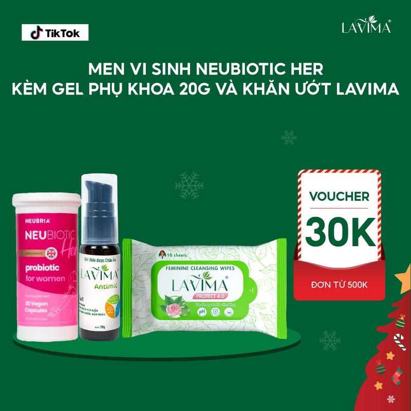   TẶNG KHĂN ƯỚT LAVIMA - LIỆU TRÌNH GIẢM VIÊM NẤM NGỨA LAVIMA  Men Vi Sinh Phụ Khoa Neubiotic Her Hộp 30 Viên Và Gel Phụ Khoa Nữ Lavima Antimic Chai 20g 