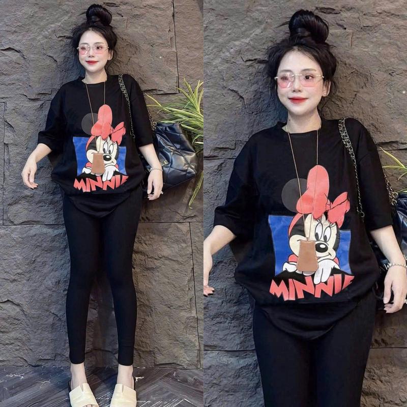 { Chất Liệu Gân Tăm } Set Đồ Bộ Nữ Quần Ôm + Áo Fom Rộng In Hoạt Hình MICKEY Xinh Xắn Bigsize 45-85Kg TOP NỮ