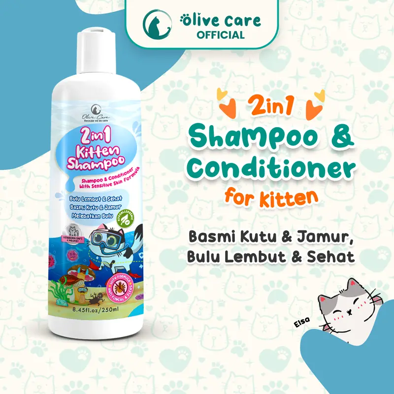 Olive Care Shampo Kucing KITTEN 2in1 Shampoo & Conditioner untuk Atasi Jamur, Kutu, Bulu Rontok, Lebatkan Bulu, Aman untuk Kulit Sensitif tanpa Membuat Alergi dan Iritasi Kulit 0