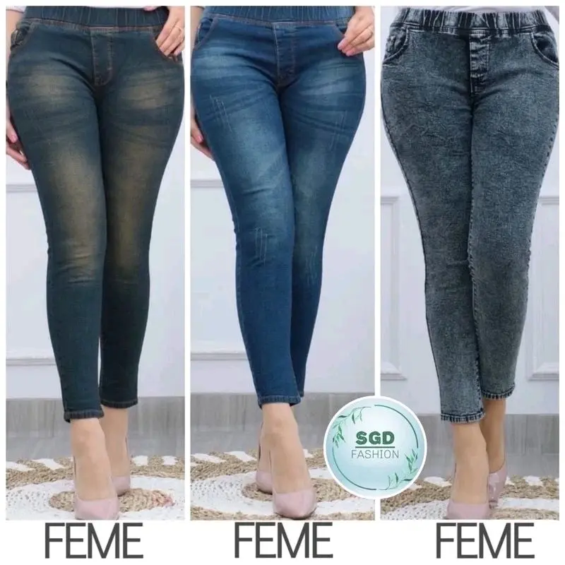Celana Jeans Panjang Wanita / Celana Jeans Model Wisker Laser / FEME JEANS Legging