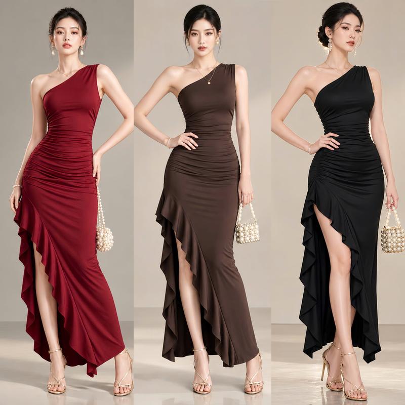 Freesize_Đầm Maxi Lệch Vai Dáng Dài Ôm Body Nhún Eo Xẻ Tà Phối Bèo Sang Chảnh – Đầm Dự Tiệc Phong Cách Sang Trọng Chất Thun Ladong Mềm Mịn