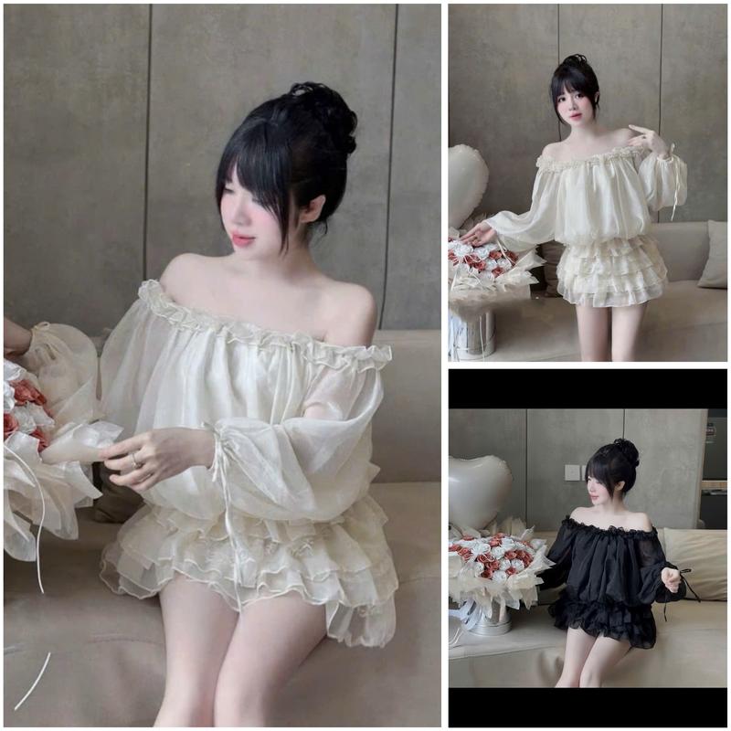 Váy Tơ  Trễ Vai Mix Viền Bèo Ống Tay Dài Bo Chun Eo Liền Chân  Váy Tầng Xoè Tiểu Thư