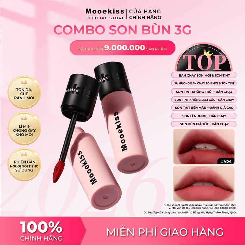   TUNPHAM Combo 2 Cây 3g Son  Bùn Lì Mooekiss Chất Nhung Mịn Finish Lì Mờ Dưỡng Ẩm Bền Màu Lâu Trôi Tôn Da Sáng Che Phủ Rãnh Môi 3g*2 