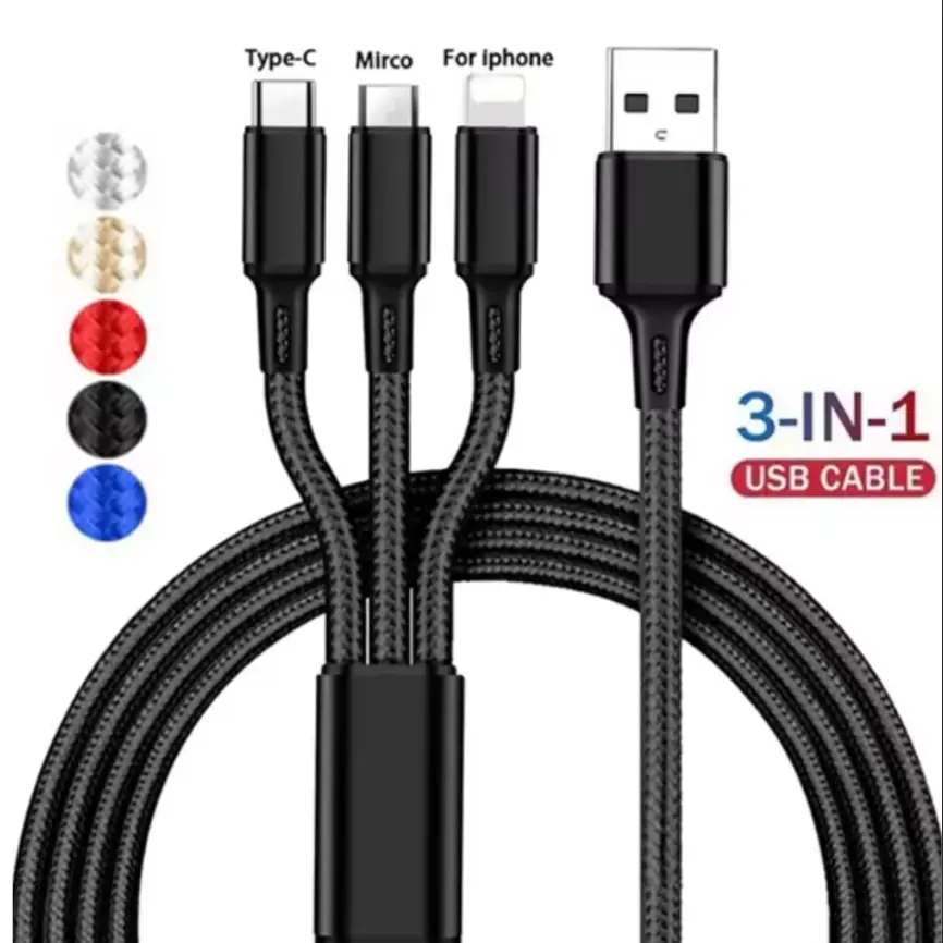 3 In 1 USB Charger Fast Charging Cable Type C Micro For IOS Multi Charger Cable for iPhone Huawei Samsung Nylon Braided Cord