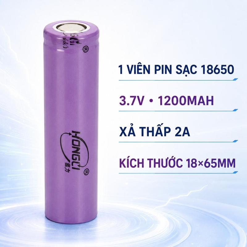 1 Viên Pin Sạc 18650 Hongli Tím 1200mah Loại Tốt 3.7v Xả Thấp 2A Dùng Cho Quạt Mini, Máy Nghe Pháp,...