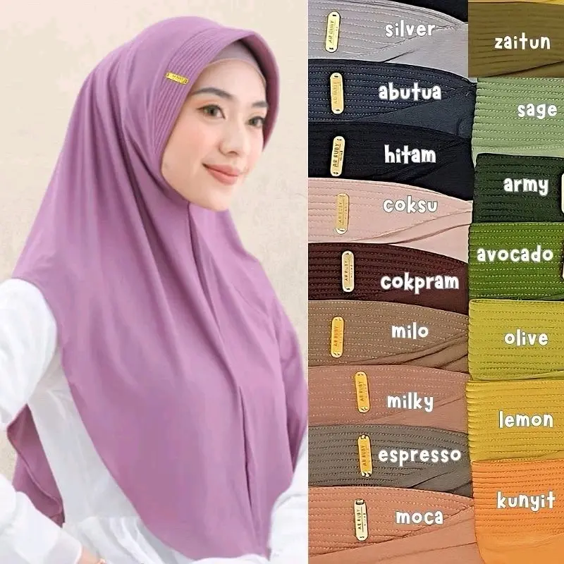 50ribu dapat 5 pcs Size M hijab bergo hamidah label akrilik gold jersey hyget
