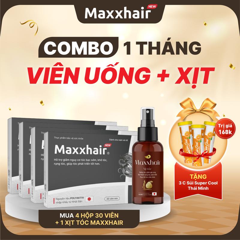 [COMBO 1 THÁNG HỘP VIÊN UỐNG + XỊT] Mua 4 hộp viên uống MAXXHAIR + 1 Xịt tóc Maxxhair - TẶNG 3 Tuýp C Sủi thanh nhiệt- Sản phẩm dành cho người bị rụng tóc nhiều và hỗ trợ giúp tóc chắc khoẻ - Hộp 30 viên, Xịt 150ml
