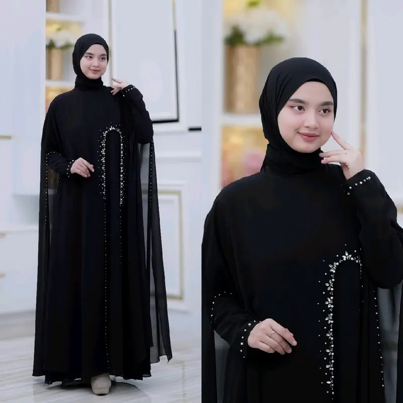 Gamis Wanita Dewasa Set Hijab Pashmina Bahan Ceruty Full Puring Gamis Lebaran Kondangan Pengajian Mewah Cantik Nyaman Pesta Remaja Payet 1