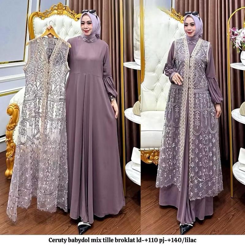 Bisa Cod Gamis Pesta Wanita Jumbo Ukuran M L XL XXL 3XL 4XL Ld 100-140cm // Qinara Dress Set Iner Plus Outer Lepas Pasang // Dress Iner Ceruty Outer Brukat Renda // Gamis Wanita Jumbo // Dress Kondangan Setelan Gamis Iner Outer  Panjang Gaun 5