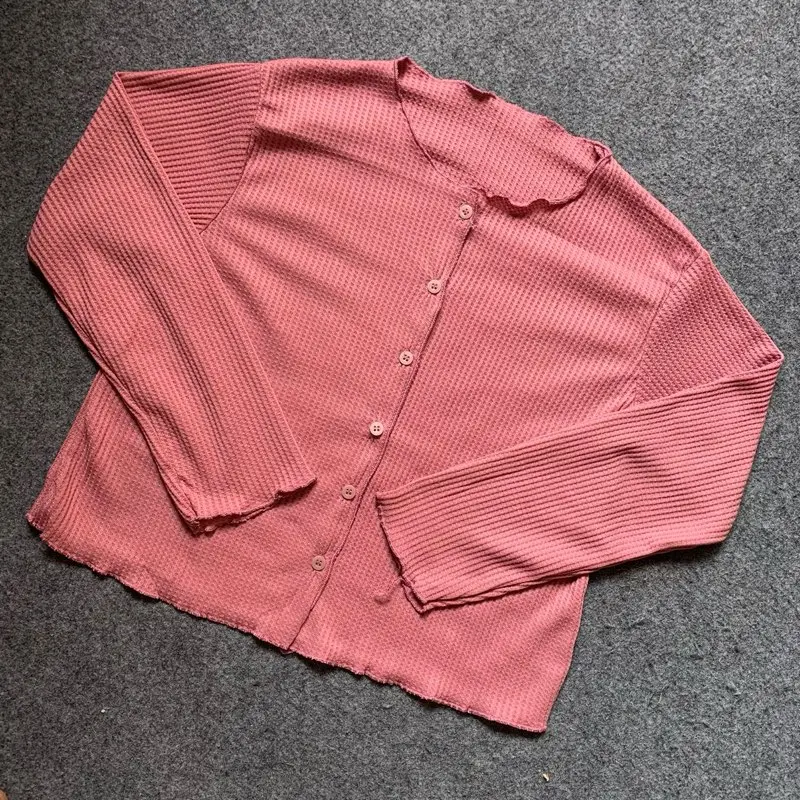 Cardigan waffel Korean style | Cardigan crop top Wanita Lengan Panjang Premium Atasan Kancing Baju