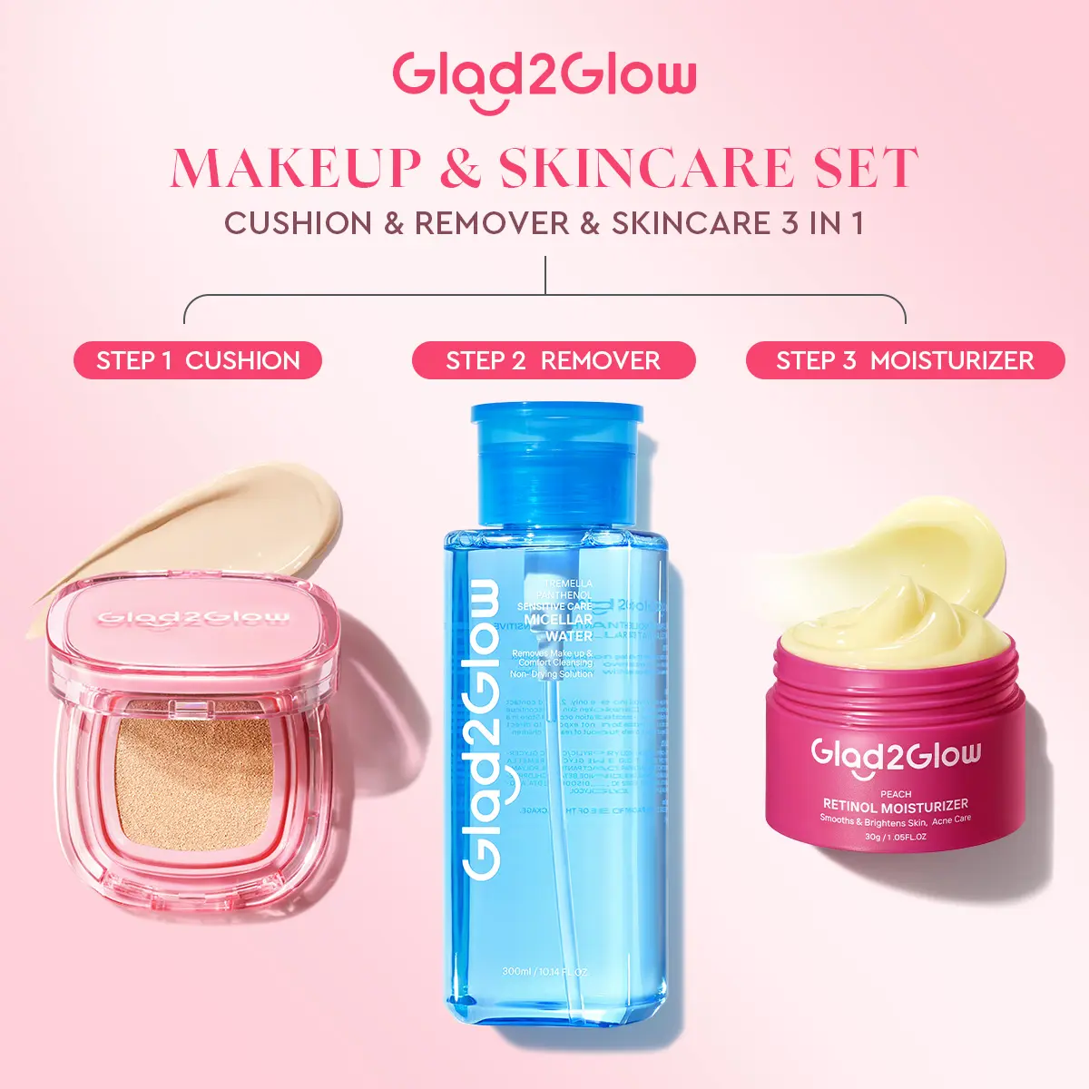 Glad2Glow Cushion&Skincare 3 in 1 cushion+micellar water+moisturizer perfect cover makeup set dengan kandungan skincare mencegah kekusaman dan kulit kering sepanjang hari G2G Longlast