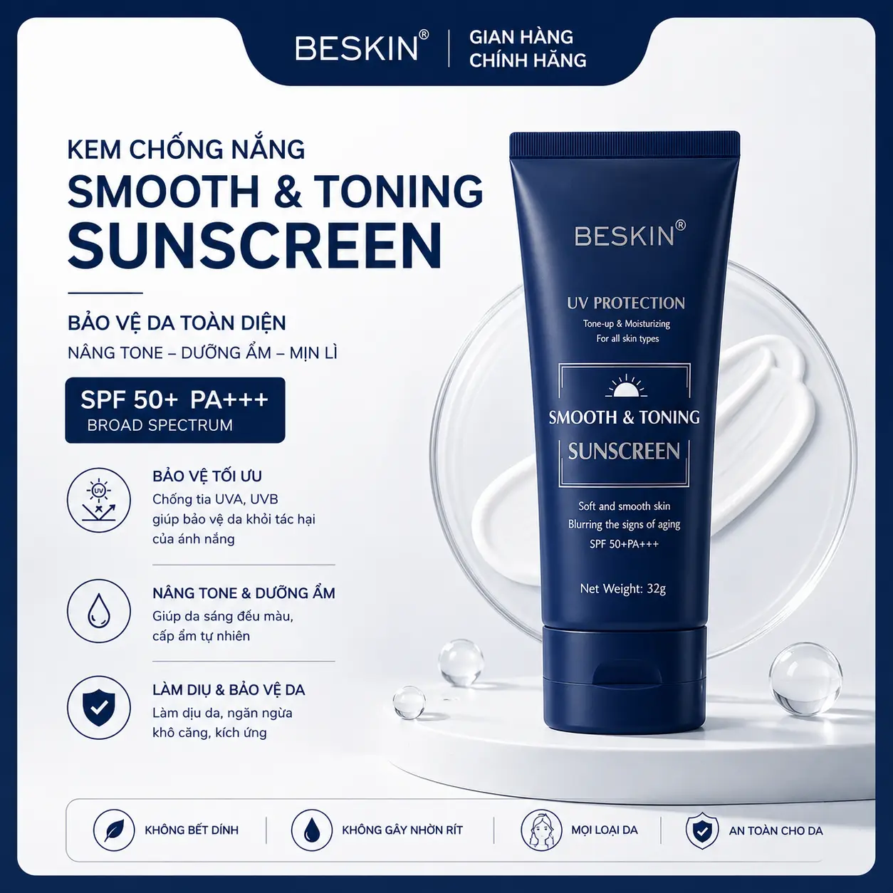 KEM CHỐNG NẮNG PHỔ RỘNG "SMOOTH & TONING SUNSCREEN" SPF 50+ PA+++ - 32g - Thương Hiệu: Beskin - Skincare Sun Cream