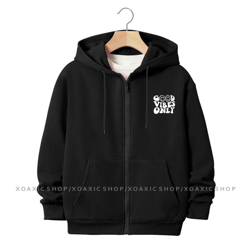 Jaket Hoodie Zipper Anak Laki-laki/Perempuan Usia 3-13 Tahun Motif Sablon GOOD VIBES ONLY Bahan Fleece Tebal Premium Fashion Bulu 2