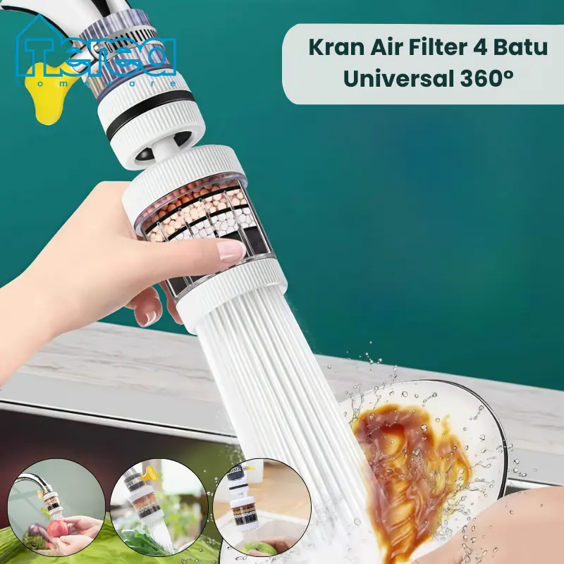 TEREA Sambungan Kran Air Filter 4 Batu Kran Air Universal 360° Saringan Filter Air Kran Hemat Air Filter Karbon Aktif Kepala Pancuran Nosel Filter