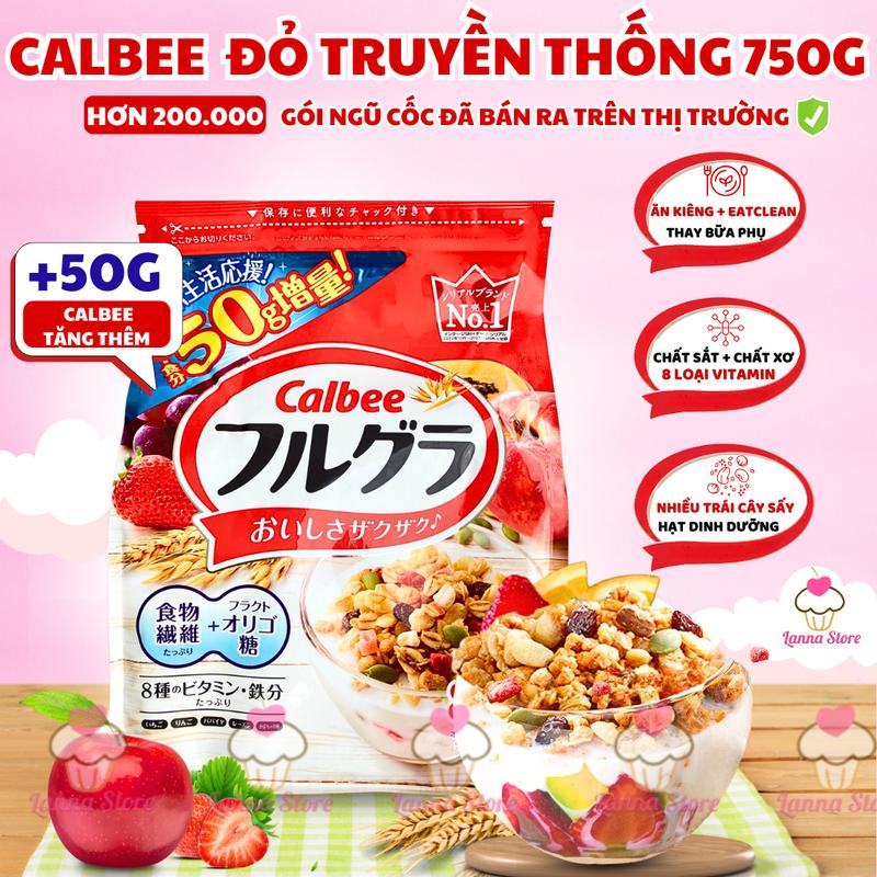  【LÔ MỚI TẶNG 50G Ngũ Cốc Calbee Nhật Bản Mix S ua Chua Hoa Quả Trái Cây Granola Dùng Ăn Sáng Gói Đỏ 750g - Lanna Store 