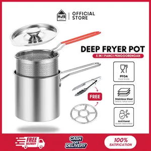 HJS Panci Deep Fryer Set 5 in 1 Penggorengan Rebus Stainless Steel - Saringan Capitan Klip makanan Multifungsi 5in1 Praktis Aman Hemat Waktu