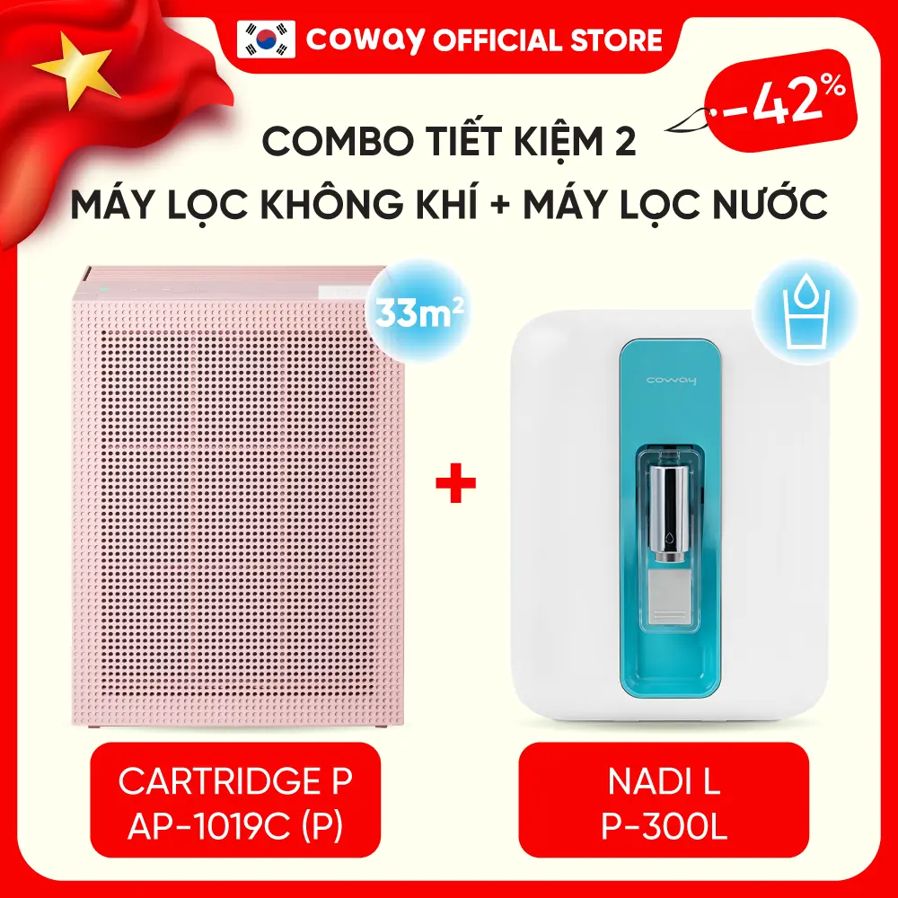[Combo tiết kiệm 2] Máy lọc không khí Coway Cartridge (P) AP-1019C (P) và Máy lọc nước Coway Nadi P-300L