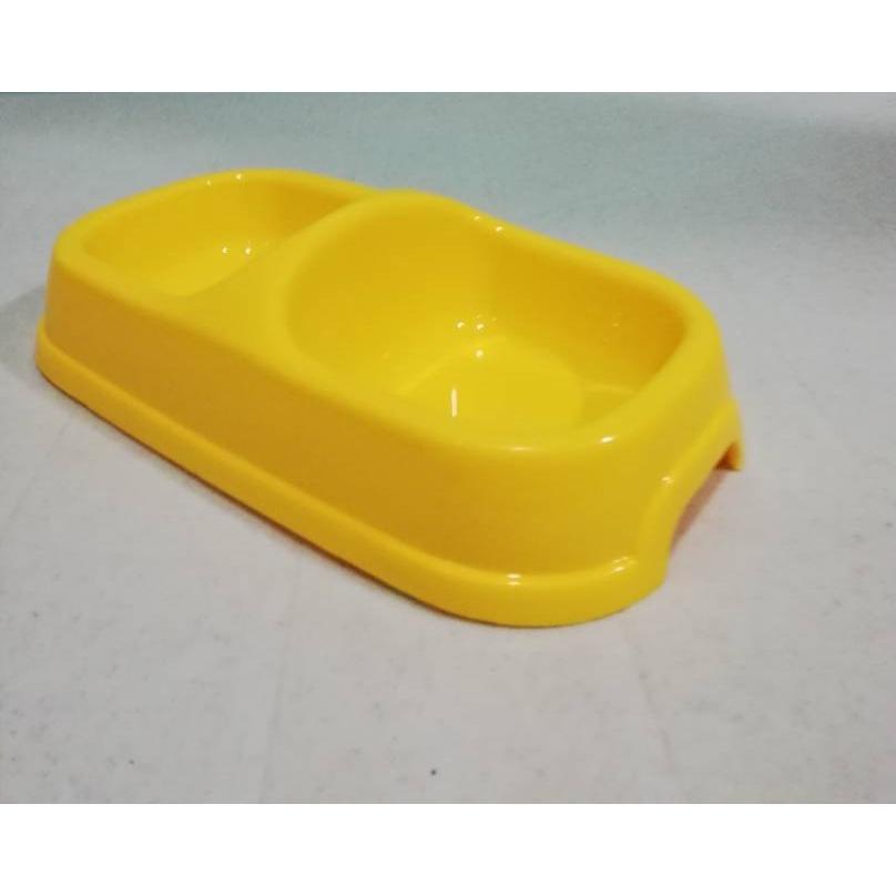 Pet Cat Dog Rabbit Double Food Feeding Water Drinking Bowl Round Rectangle 24.5cm x 13.5cm x 6cm (Yellow) Bekas Kucing