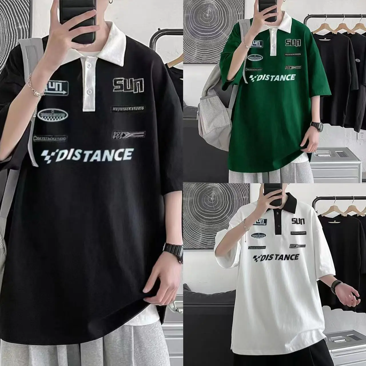 Kemeja Polo Bersaiz Besar, M-5XL, Gaya Amerika, Bersulam, Lengan Pendek, Lapel Jepun, Baju Sweat Lumba, Berat: 40-100KG