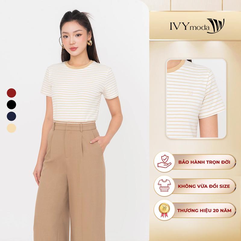  Áo thun kẻ cotton thêu logo ivy Áo thun dạo phố nữ IVY moda MS 57T0269 