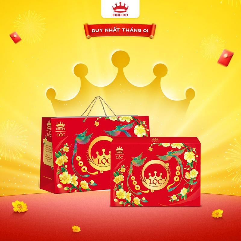   CÓ TÚI GIẤY  Hộp Bánh Kinh Đô Tết 2026 Lộc Phú Quý Đỏ Vàng 795g 
