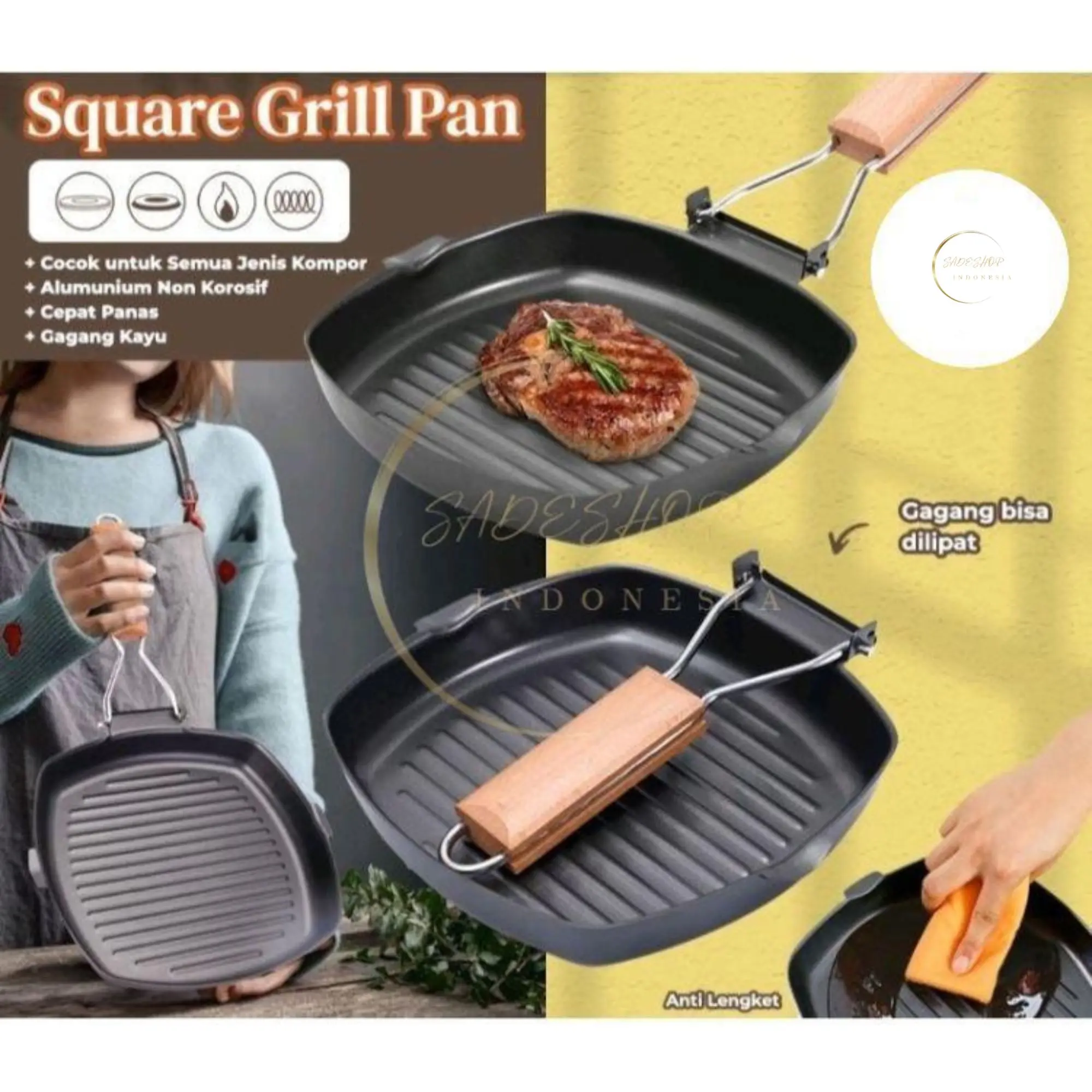 SADESHOP- Pemanggang Square Grill Pan Foldable 20cm Wajan BBQ Anti Lengket Bentuk Kotak Pemanggang Bakaran Sate Alat Baja Dapur Hitam Kayu Peralatan Kitchenware