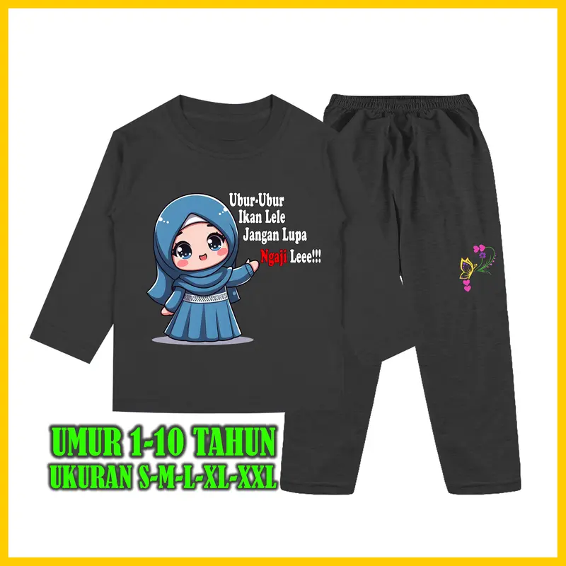 Baju Tidur Anak Perempuan Gambar Muslim Kata kata Ubur Ubur Ikan Lele Setelan Lengan Panjang - Baju Anak Fashion Celana 4