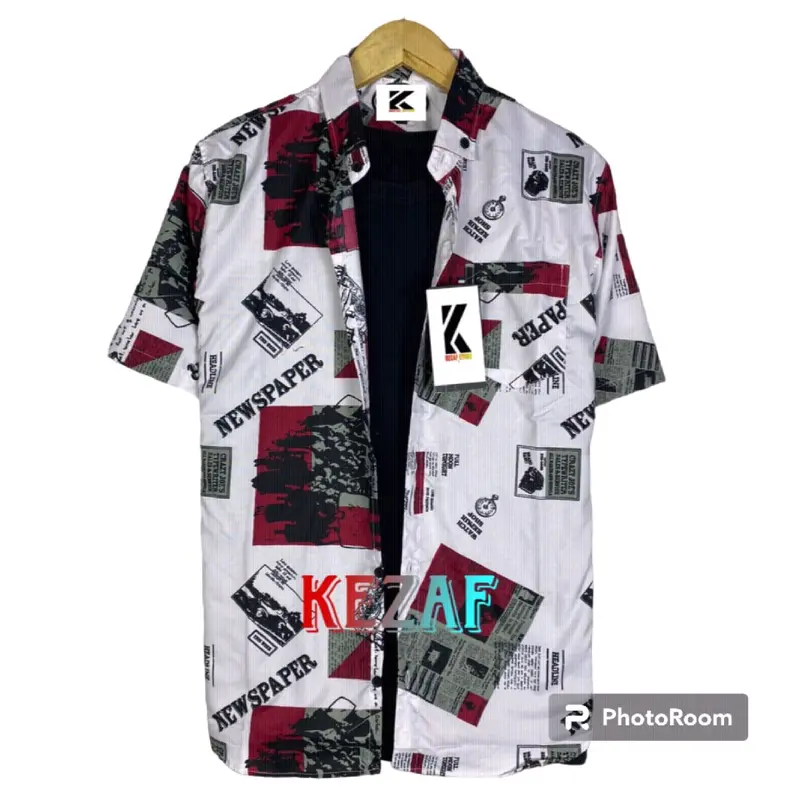 Kemeja Motif Koran Pria Kualitas Premium Kasual Katun Lengan Pendek Baju Distro Katun Biru Merah Surfing Nyaman Santai Crew Neck 0