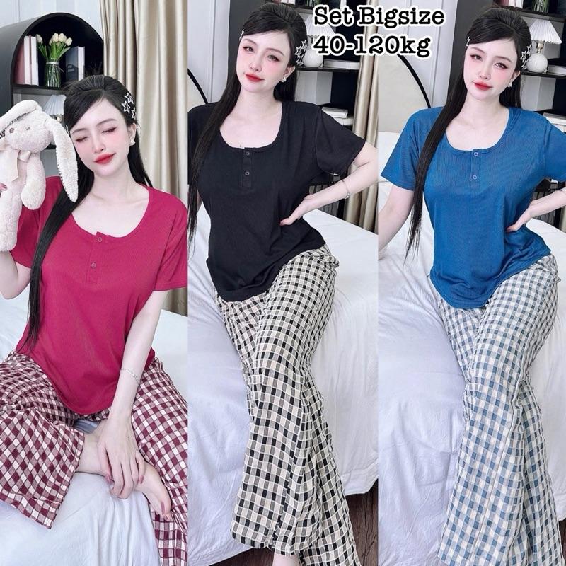 Ưu Đãi Độc Quyền TTS - Set Bộ Dài Bigsize Nữ Áo Thun Cổ Tròn Khóa Nút Phối Quần Dài Vải Sọc Caro Nhung Mịn Mát Dễ Thương Cao Cấp Xinh Đẹp Sang Trọng 50-95kg Áo Top Cotton Màu Nâu Sen Màu Đen Set Đồ Nữ đẹp Set Áo Bộ Suit Nữ Sang Chảnh Bigsize - 2506