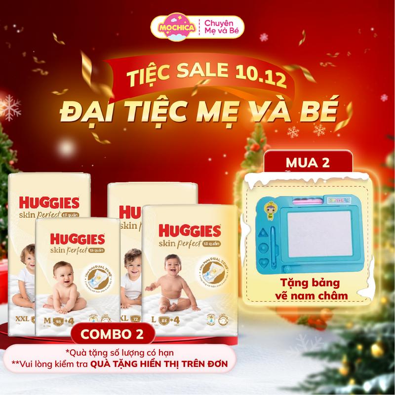 10.12 COMBO 2 TẶNG BẢNG VẼ NAM CHÂM Tã bỉm Dán Quần Huggies Skin Perfect với 2 vùng thấm giảm kích ứng da