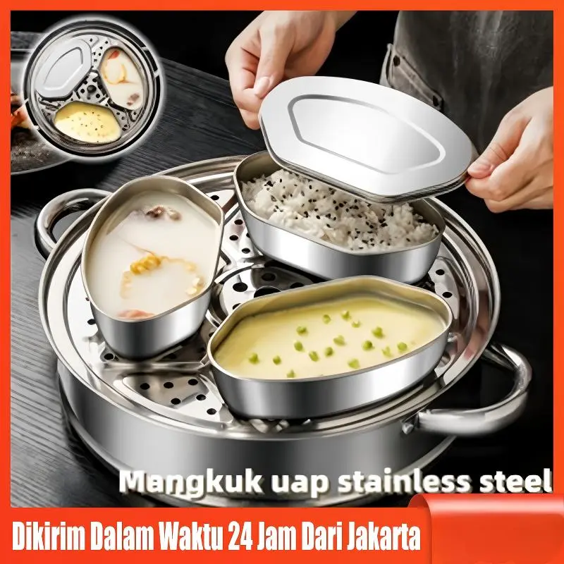 (LITTLE BEE) Wadah Kukus Makanan Stainless 304 Food Grade 3pcs Serbaguna Anti Karat dengan Tutup Plastik untuk Kukus Telur Sayur dan Nasi