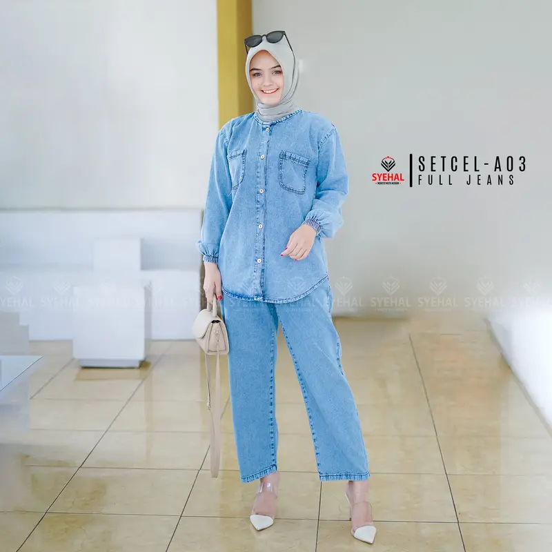 Setcel - A03 SYEHAL COLLECTION- Oneset / Setcel Kemeja Wanita Full Jeans - Setelan Pakaian Wanita Denim Baju Panjang 0