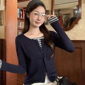 Women's Long Sleeve Round Neck Top, Korean Style Colorblock Striped Patchwork Design, Versatile Fall Fashion Outerwear 3253 Womenswear Casual Crewneck Fitted