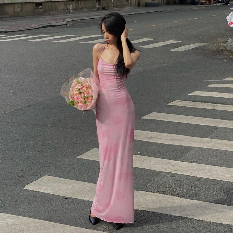 Đầm Dài Cho Nữ, In Hoa, Hở Lưng Buộc Dây Đầm Không Tay Đầm Bodycon Mùa Hè Màu Hồng Women Dress