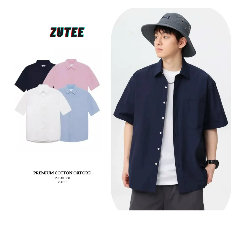 Áo sơ mi trơn ngắn tay ZUTEE, Áo sơmi cộc tay tay phong cách Hàn Quốc Premium Oxford