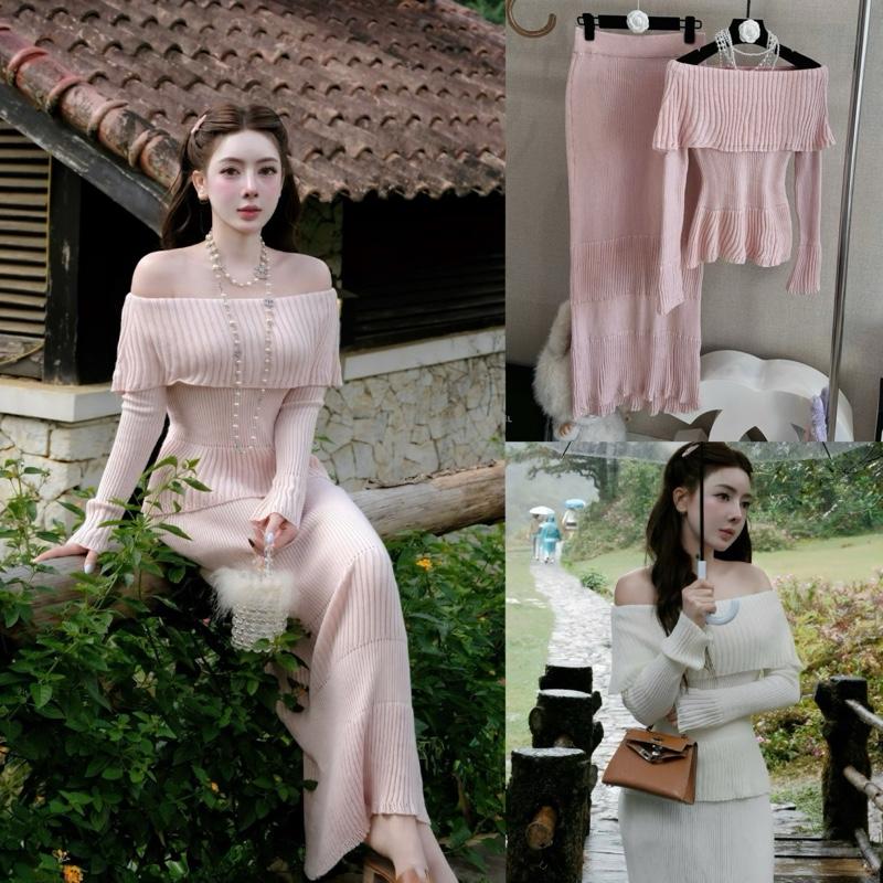 QC Chính Phẩm Live Sao Gửi Vậy Set Len Mỏng Hồng Trắng Tà Trễ Vai Tay Dài Kèm Chân Váy Dài Cạp Chun Basic Dễ Mặc Dành Cho Nữ Nhiều Dịp By DiepGZ41025