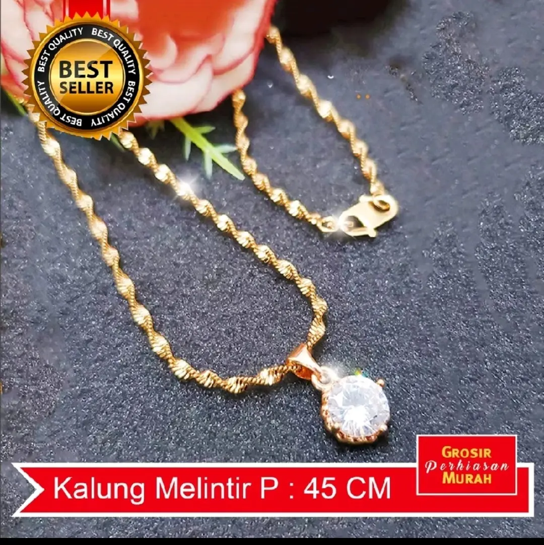 Kalung Melintir Model Titanium + Liontin Mata Satu 24k Lapis Emas Persis Emas Asli - Emas cewek
