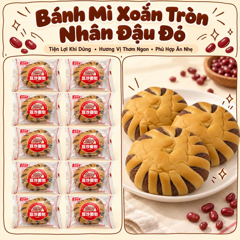Bánh Mì Xoắn Tròn Nhân Đậu Đỏ LILIDUO – 10 Cái, Đóng Gói Riêng Tiện Ăn Nhẹ