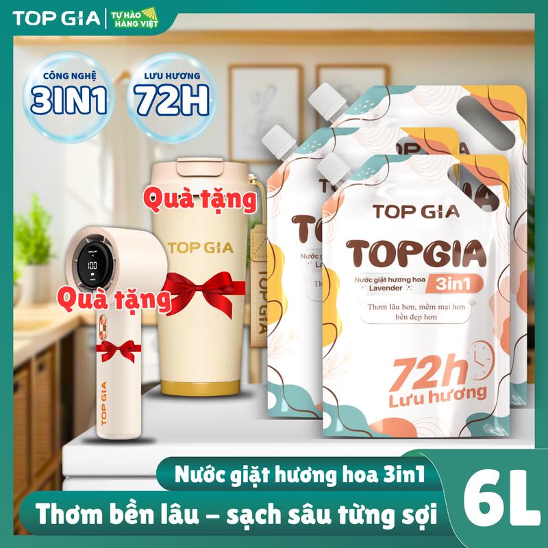 [TẶNG QUẠT VÀ BÌNH] 6L nước giặt topgia hương nước hoa lavender 3in1 lưu hương 72h cho mẹ và bé, da nhạy cảm, sạch khuẩn, khử mùi, thơm lâu tặng bình giữ nhiệt, quạt cầm tay mini thơm bền lâu sạch sâu từng sợi nxl
