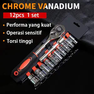 8-24mm Kunci Set Socket 12pcs /1/2 in Kunci Sok Wrench Rachet alat perkakas lengkap motor Rachet Handle Multifungsi kunci 1 set/ Bahan Chrome Vanadium