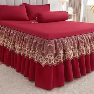 Conjunto moderno y sencillo de falda para cama con encaje y volantes en color sólido, conjunto de tres piezas con sábana y falda suaves, cómodas y a prueba de polvo, decoración de dormitorio para todas las estaciones.