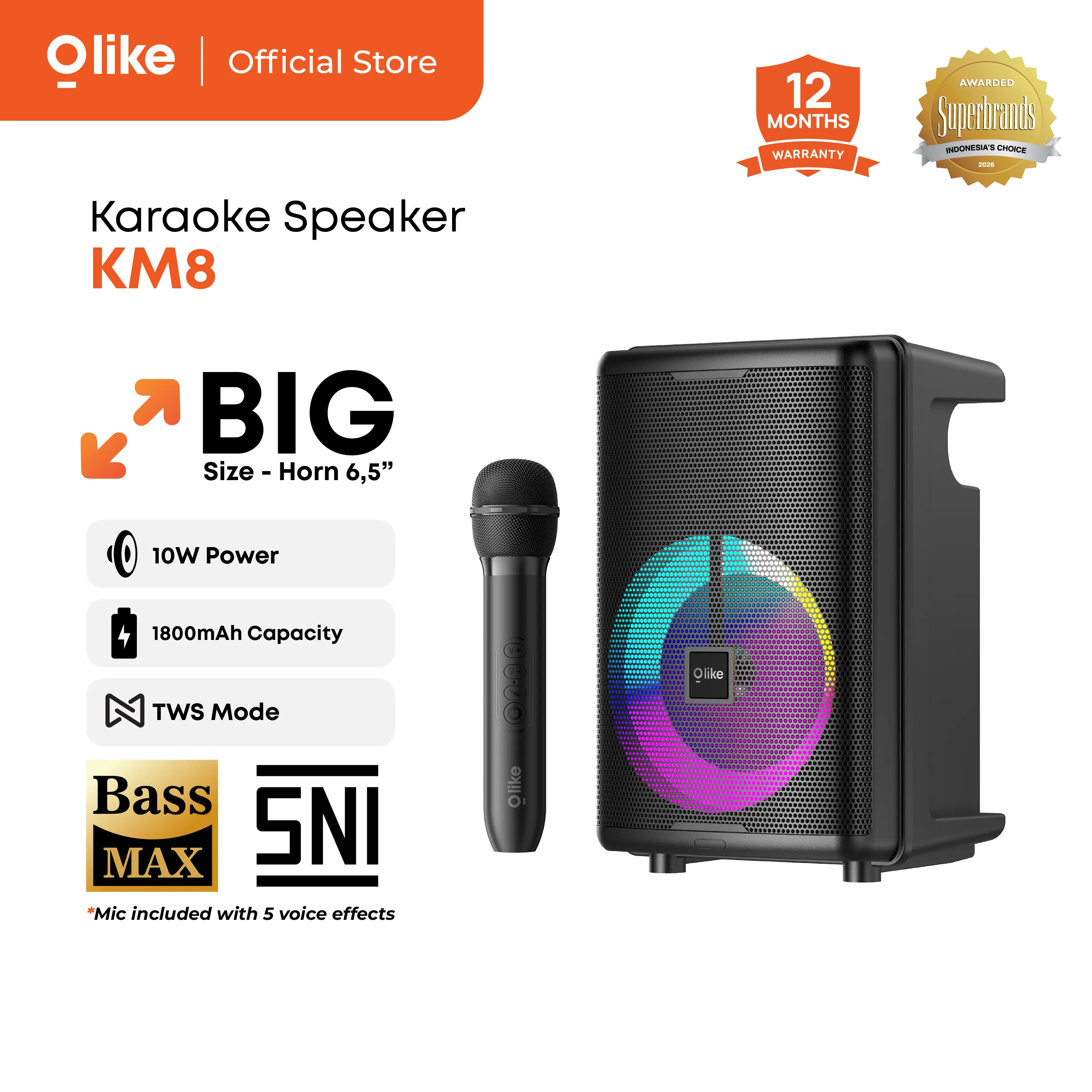 Olike Speaker KM8 10W Subwoofer 6.5 Inch Driver With Karaoke MIC MIcrofone Wireless | 5H Playtime | TWS Dual Speaker | Resmi SNI |
